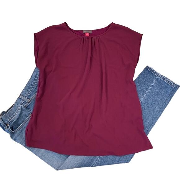 Vince Camuto Plum/Purple Gathered Neck Mixed Media Knit Back Top - SIZE MEDIUM - Picture 1 of 8